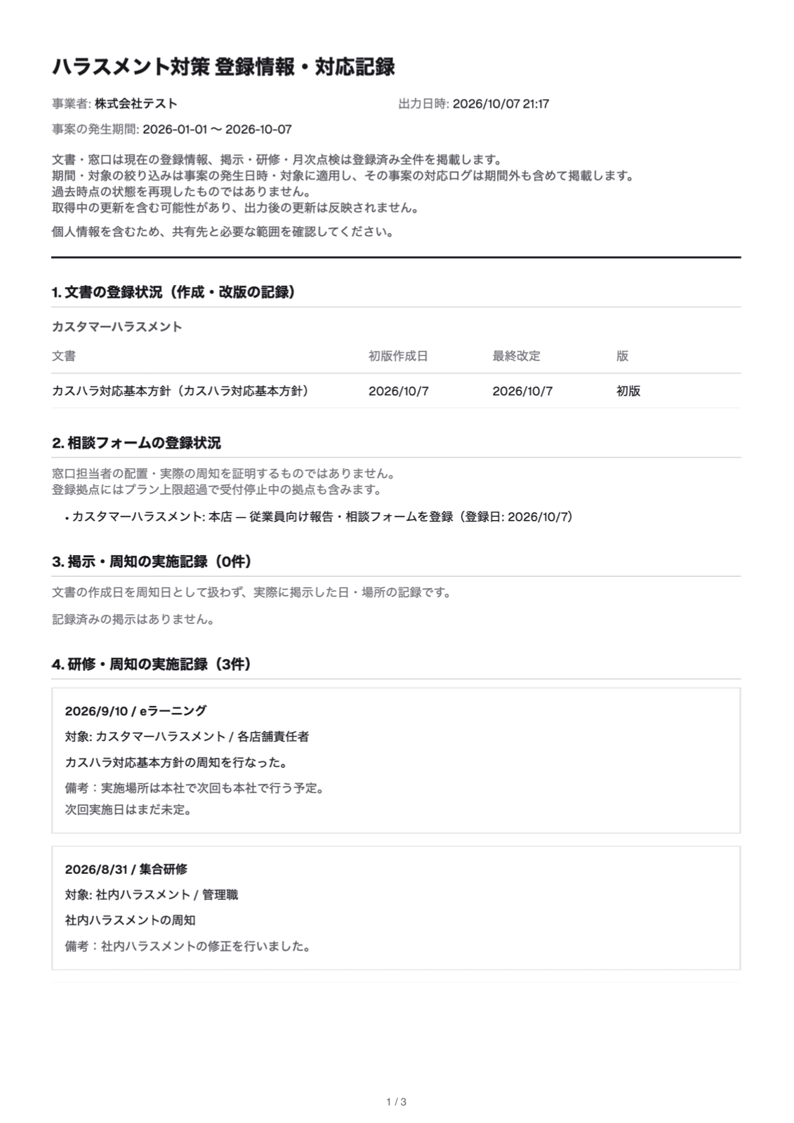 カスハラ対策の登録情報と対応記録をまとめた証跡レポート